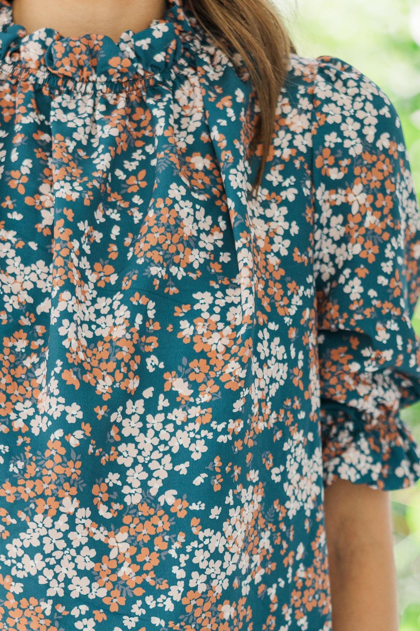This Is The Time Teal Blue Ditsy Floral Blouse Female Product Image