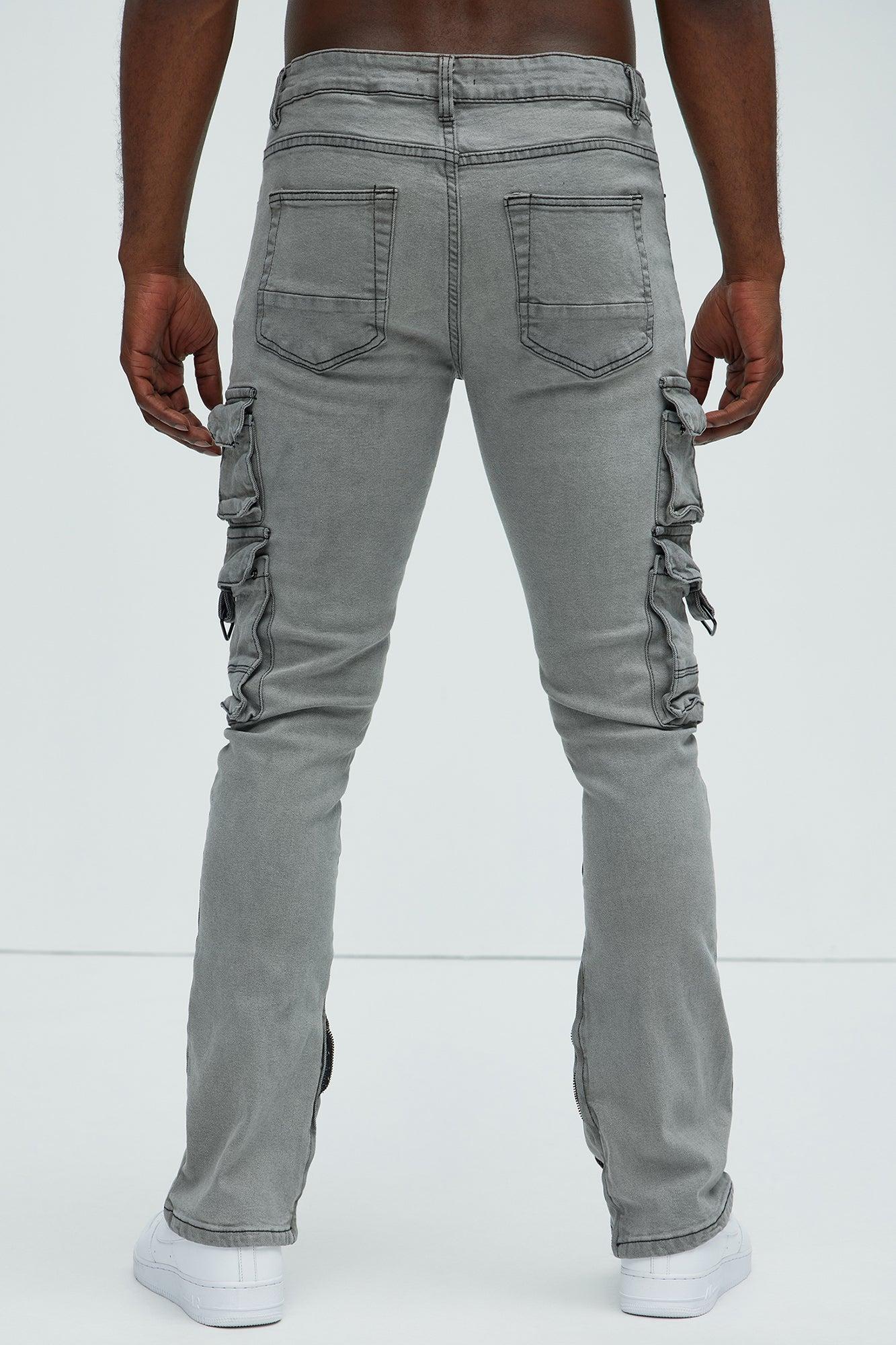 On The Double Cargo Stacked Skinny Convertible Flare Jeans - Grey Product Image