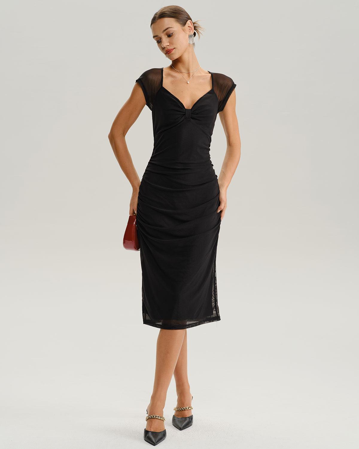 Black V Neck Mesh Midi Dress Product Image