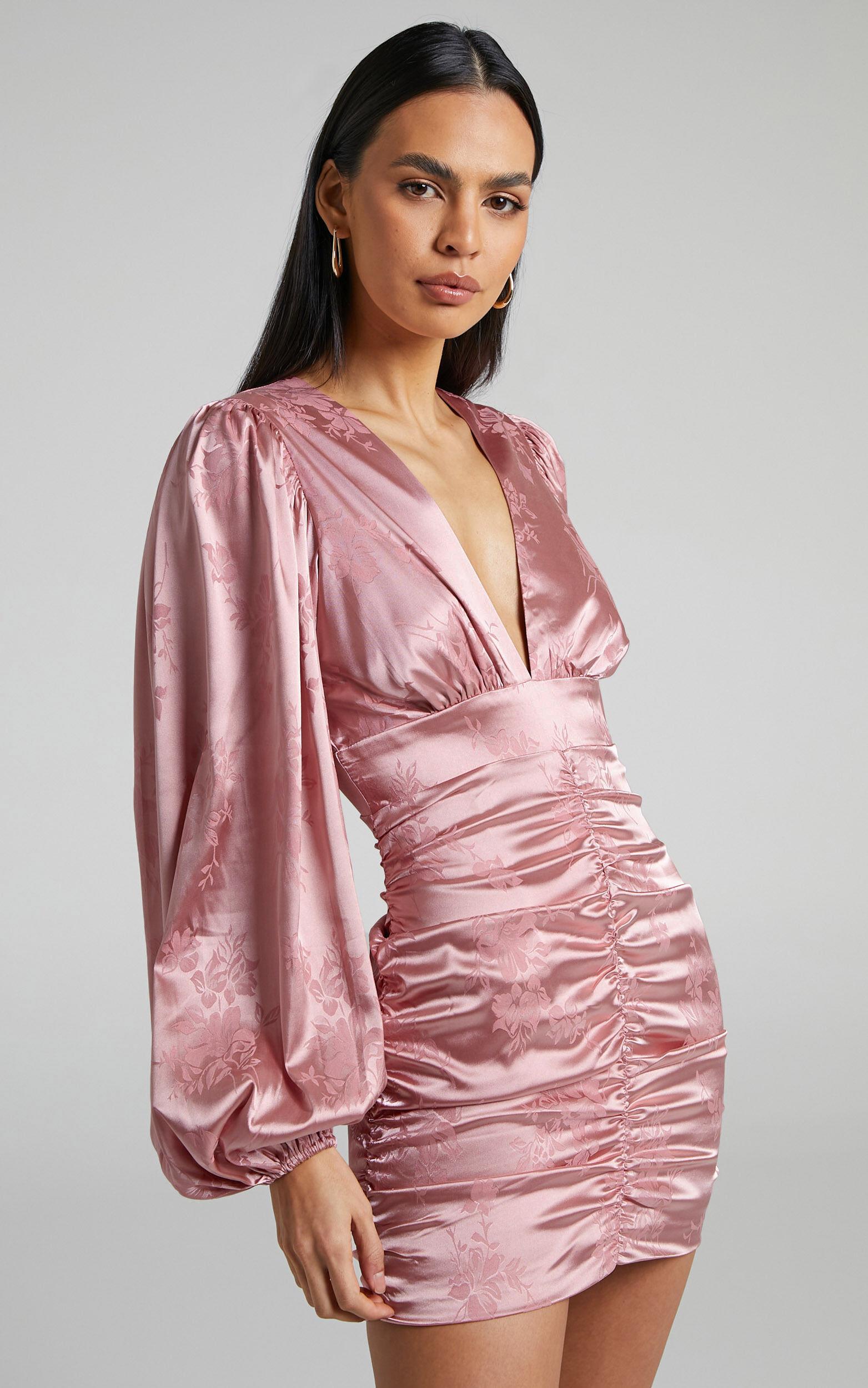 Richmond Mini Dress - Long Sleeve Ruched Dress in Dusty Pink Product Image