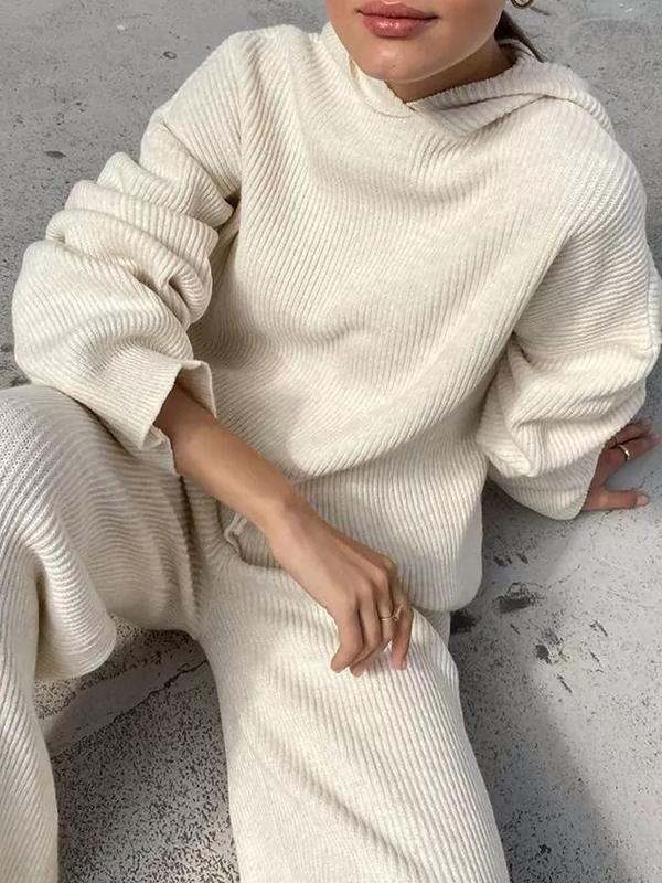 Loose Solid Color Round-Neck Hooded Long Sleeves Sweater Top + Drawstring Pants Bottom Two Pieces Set Product Image