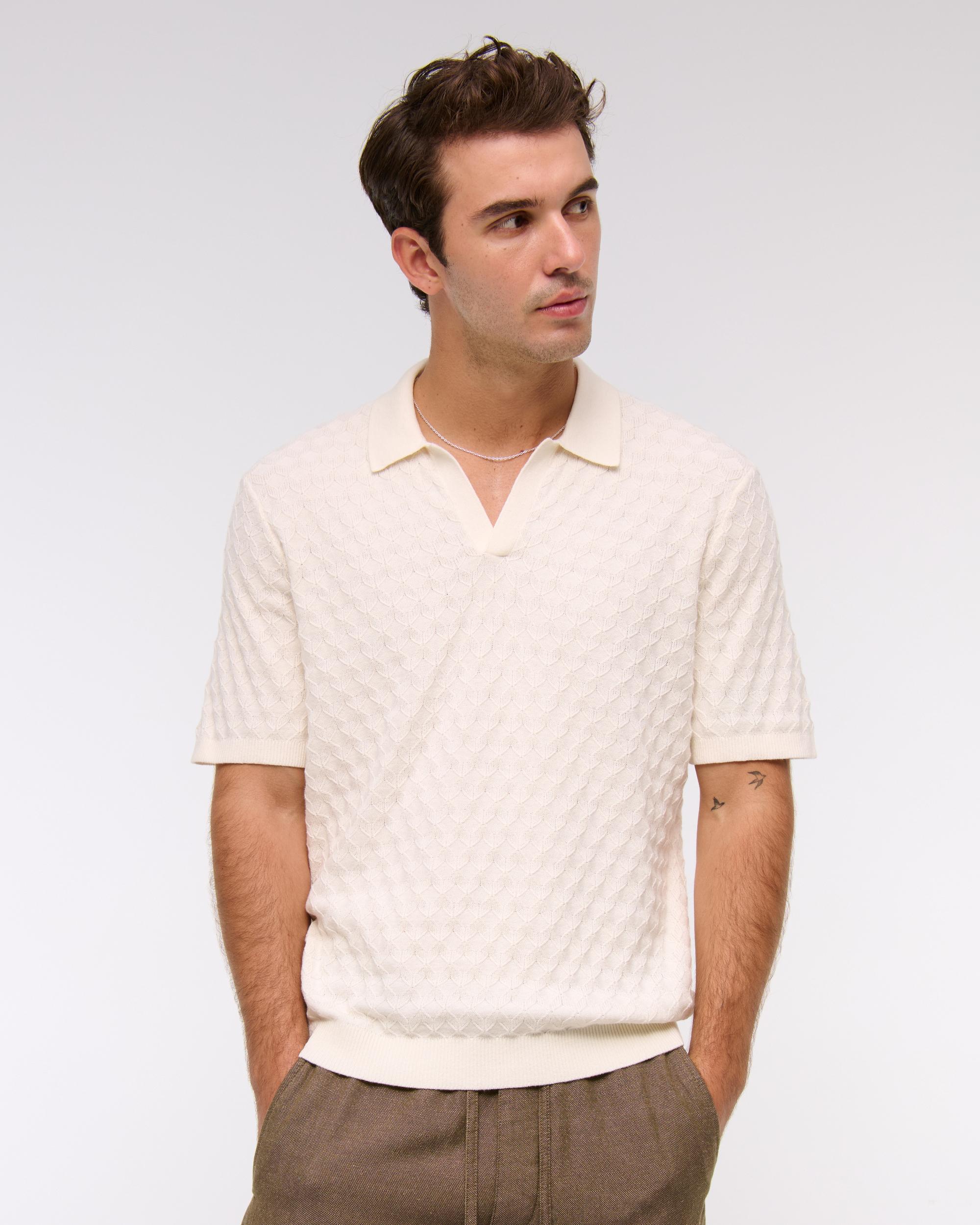 Pointelle Stitch Johnny Collar Sweater Polo Product Image