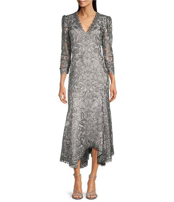 Tadashi Shoji Metallic Sequin Lace V-Neck 3/4 Sleeve Asymmetrical Hem Handkerchief Gown Product Image