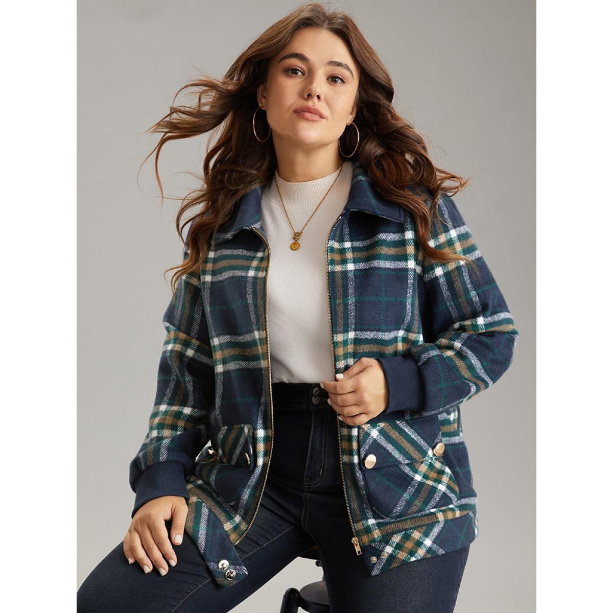 Plus Size Plaid Button Detail Pocket Zipper Jacket Women Multicolor Zipper Pocket Dailywear Jackets BloomChic 12/L Product Image
