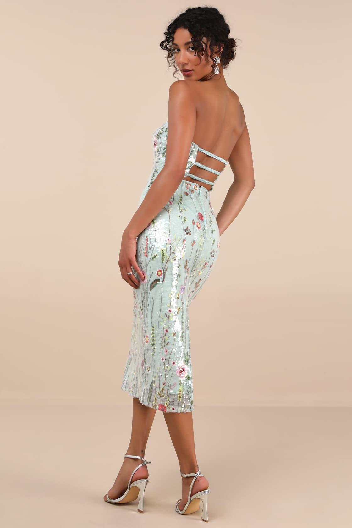 Malene Mint Floral Sequin Strapless Midi Dress Product Image