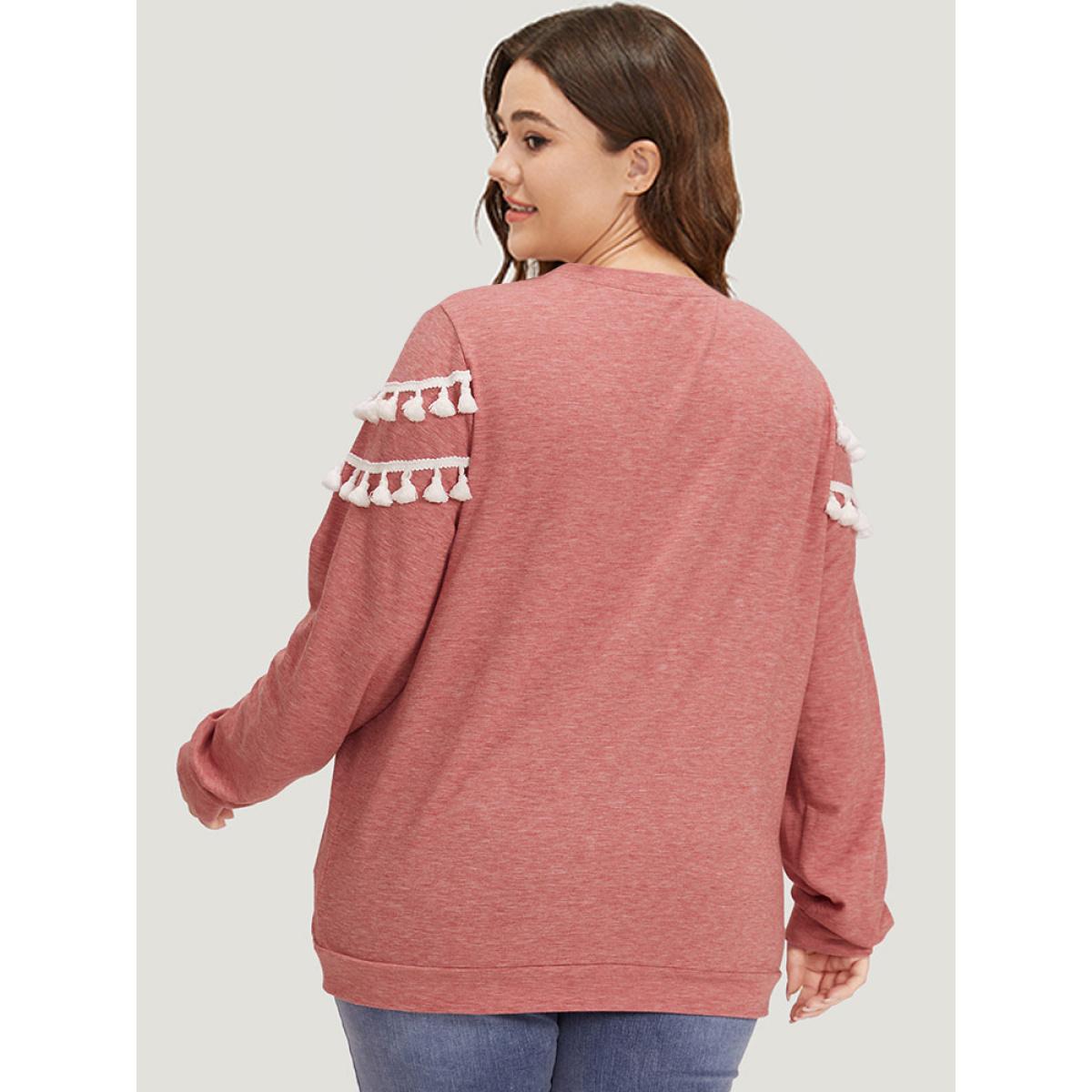 Plus Size plain Heather Crew Neck Tassel Trim Sweatshirt Women Russet Elegant Elastic cuffs Round Neck Dailywear Sweatshirts BloomChic 12/L Product Image