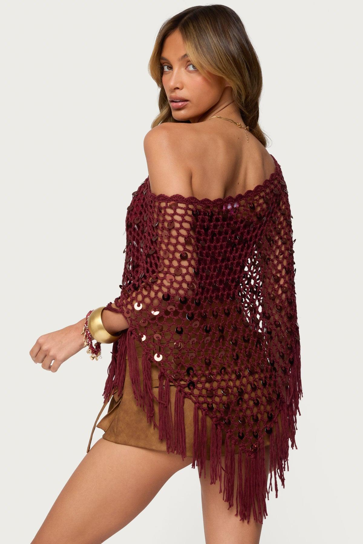 Fringe Sequin Crochet Poncho Product Image
