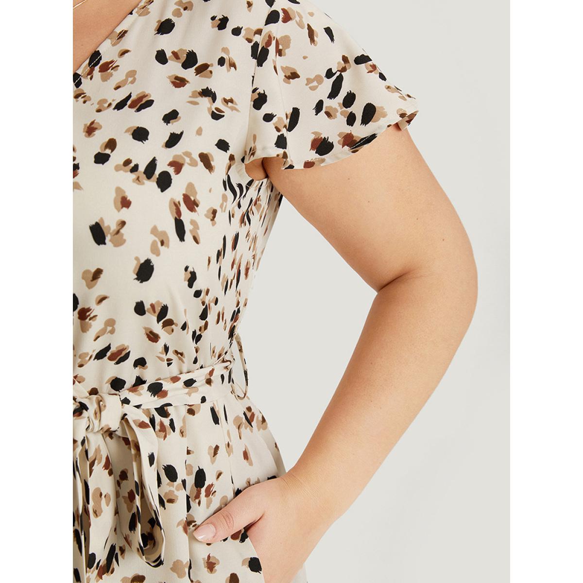 Plus Size Allover Print Belted Ruffles Asymmetrical Layered Hem Dress Apricot Women Elegant Gathered V-neck Cap Sleeve Curvy Knee Dress BloomChic 28/5X Product Image