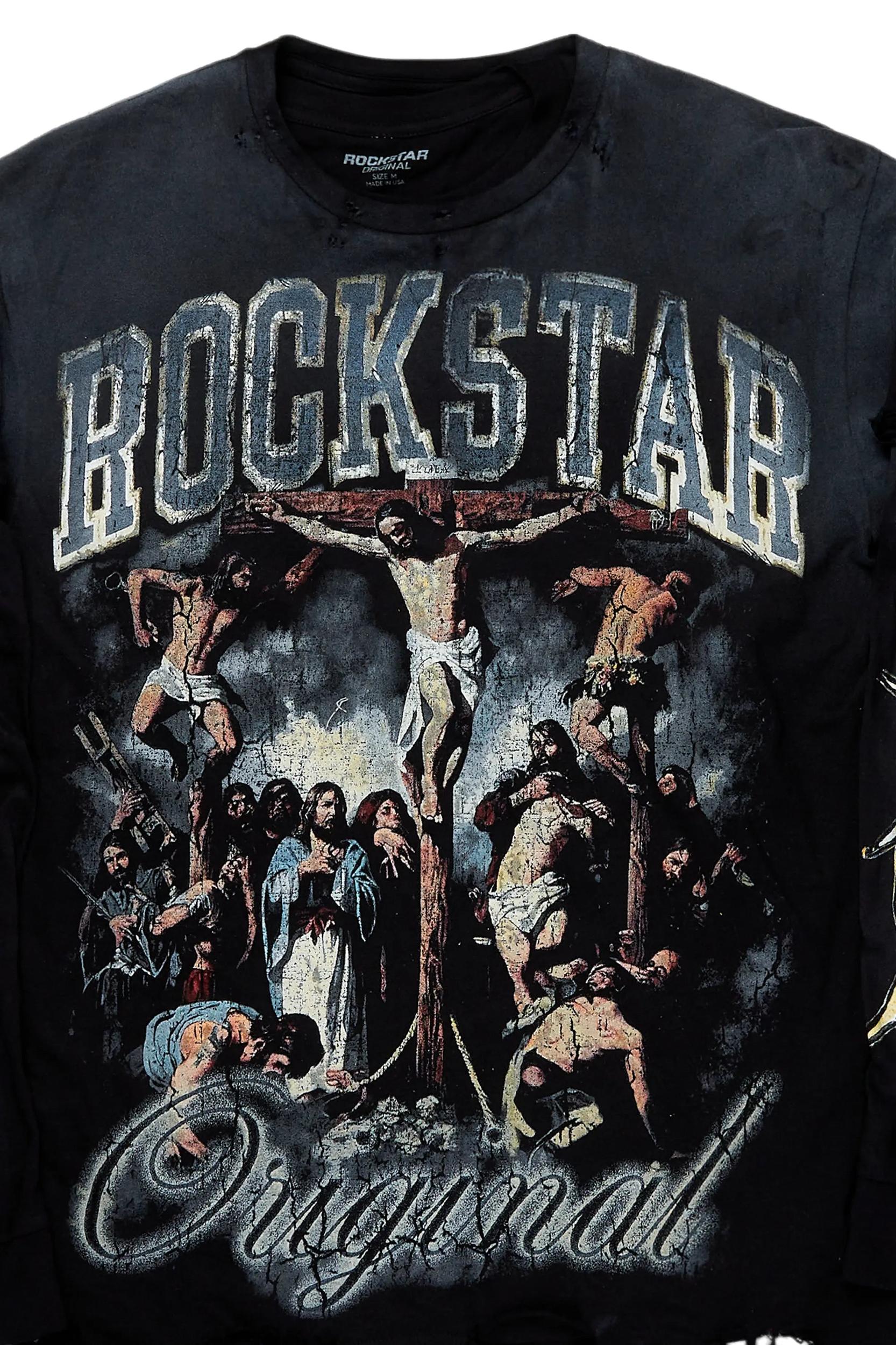 Waller Black Double Layer Long Sleeve Graphic T-Shirt Male Product Image