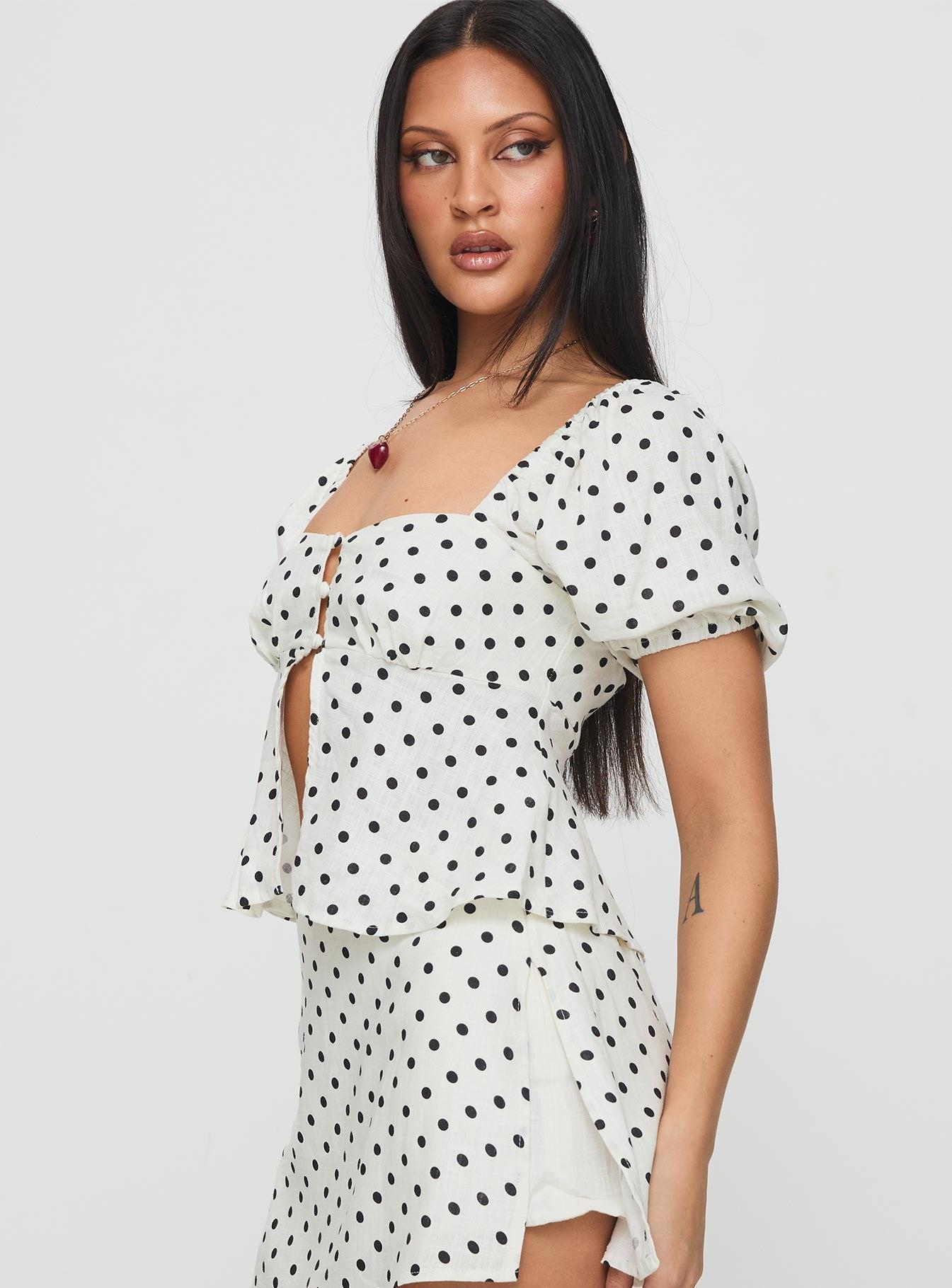 Passionfruit Linen Blend Top Cream/Black Polka Dot Product Image