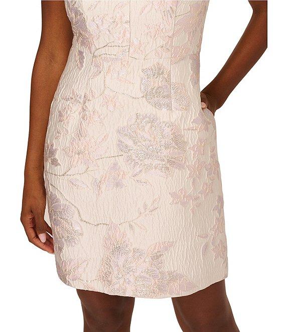 Adrianna Papell Floral Jacquard V-Neck Sleeveless Pearl Trim A-Line Dress Product Image