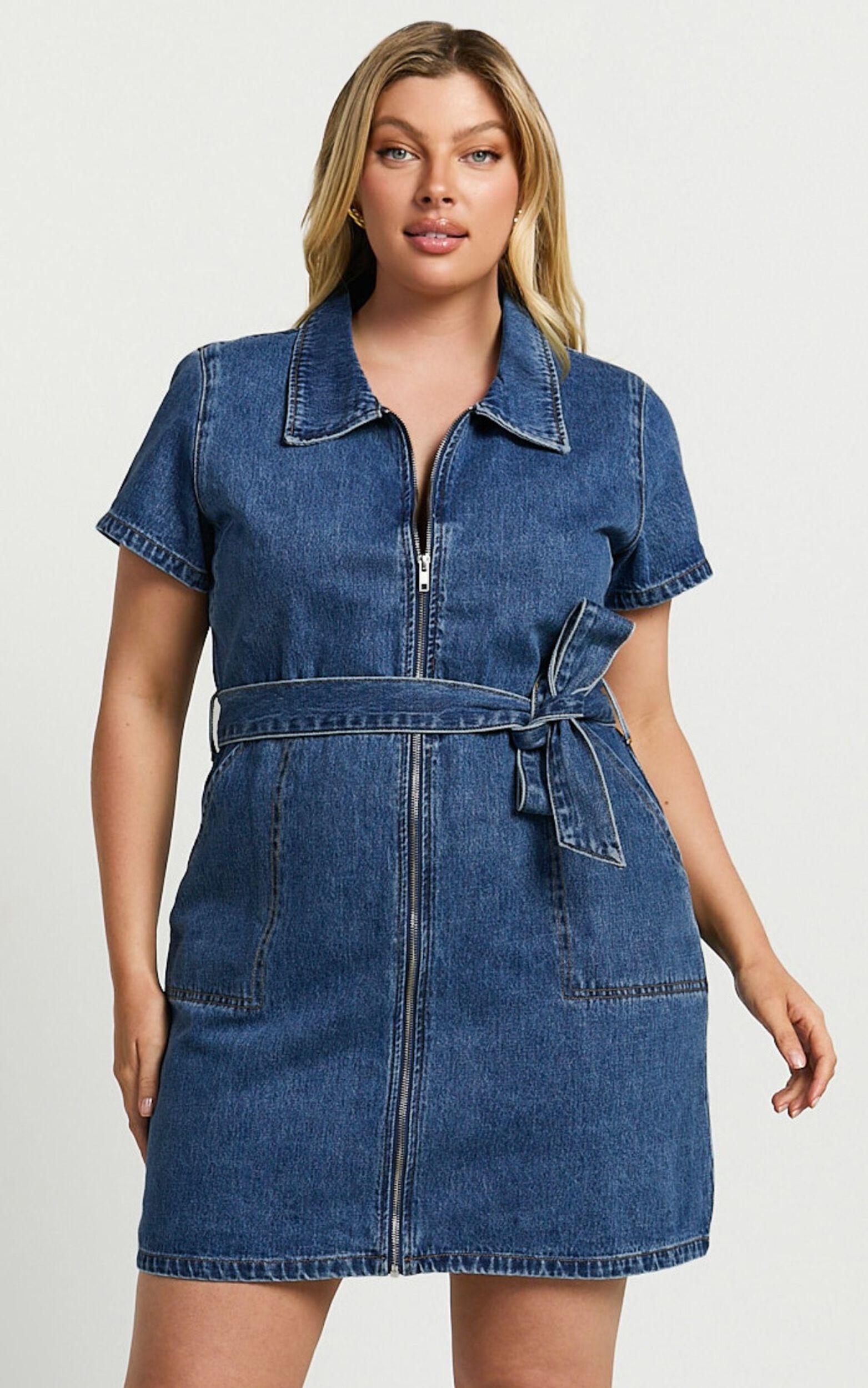 Nandini Mini Dress - Hardware Zip Through Denim Dress in Blue Product Image