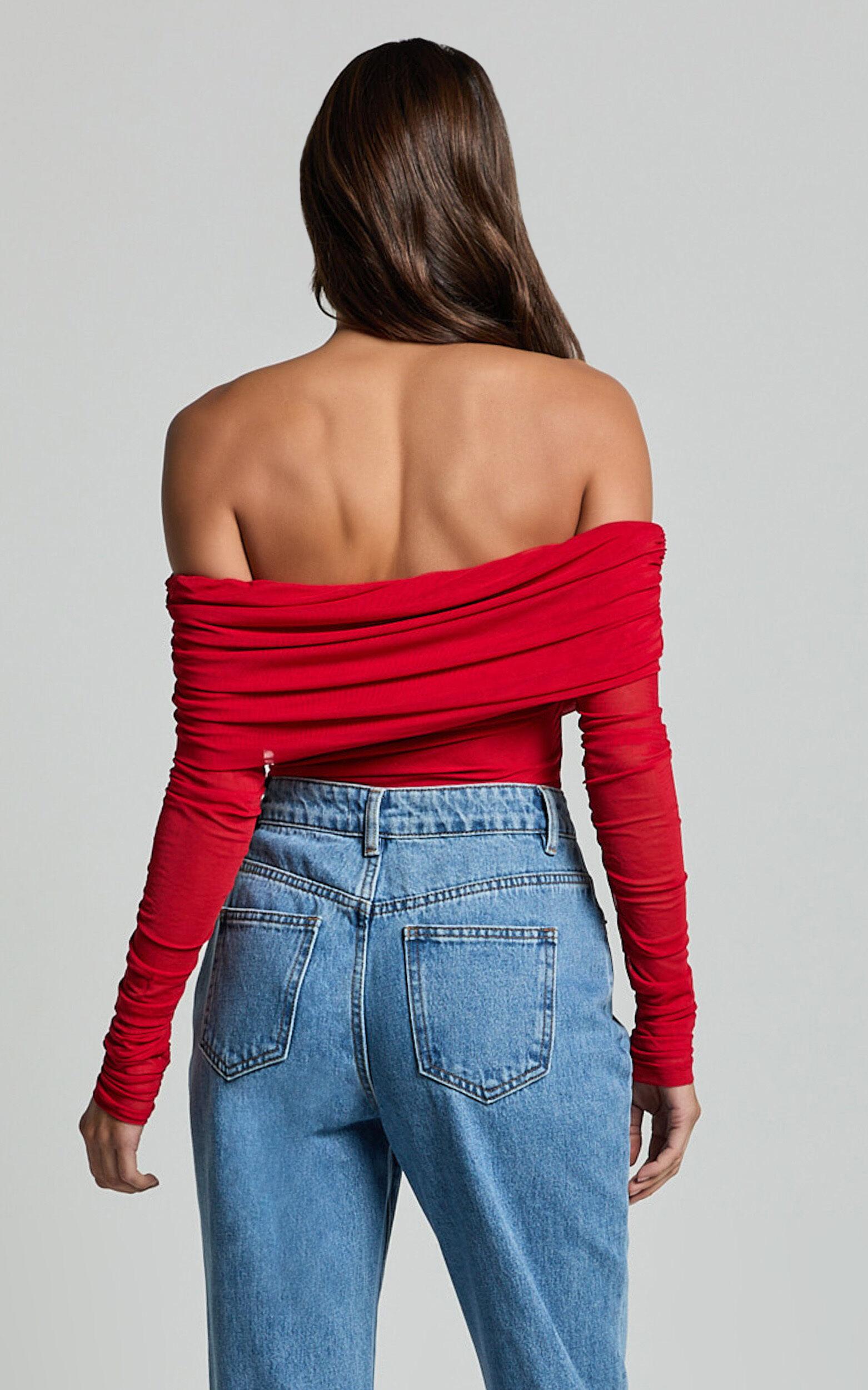 Jaythen Bodysuit - Long Sleeve Off Shoulder Ruched Mesh Bodysuit in Red Product Image