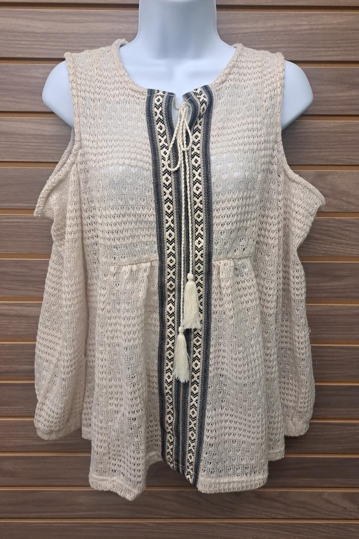 Cold shoulder tie at neck long sleeved top Product Image