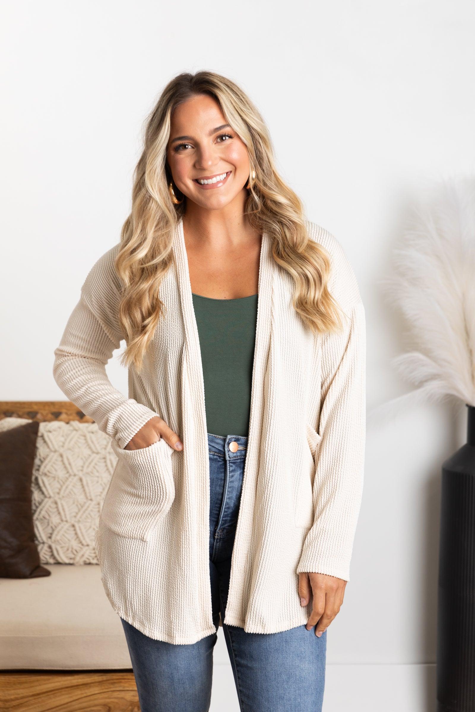 Solid Ribbed Cardigan With Pockets Product Image
