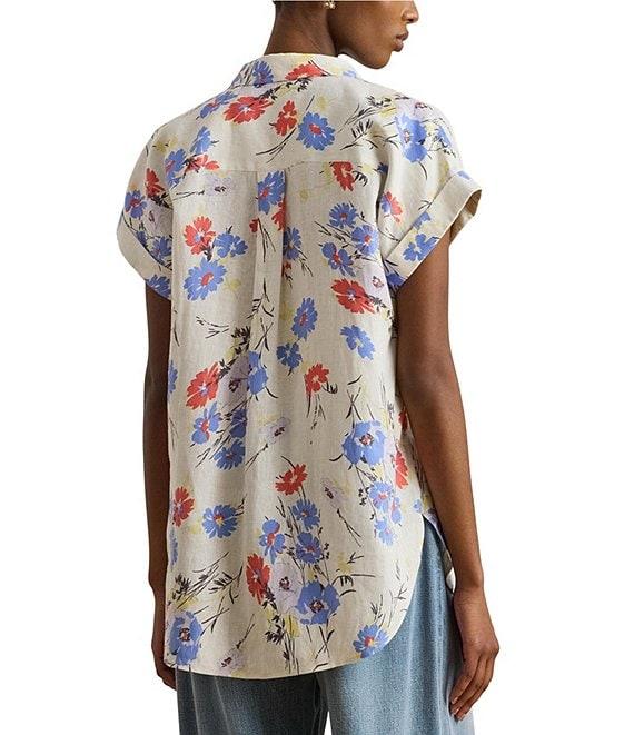 Lauren Ralph Lauren Petite Size Floral Point Collar Short Cuff Sleeve Button-Front Shirt Product Image