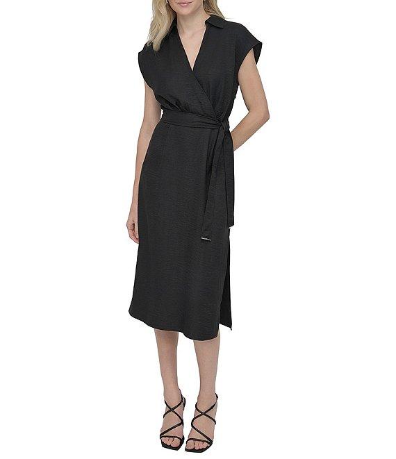DKNY by Donna Karan V-Neck Collar Cap Sleeve Belted Midi Sheath Dress Product Image