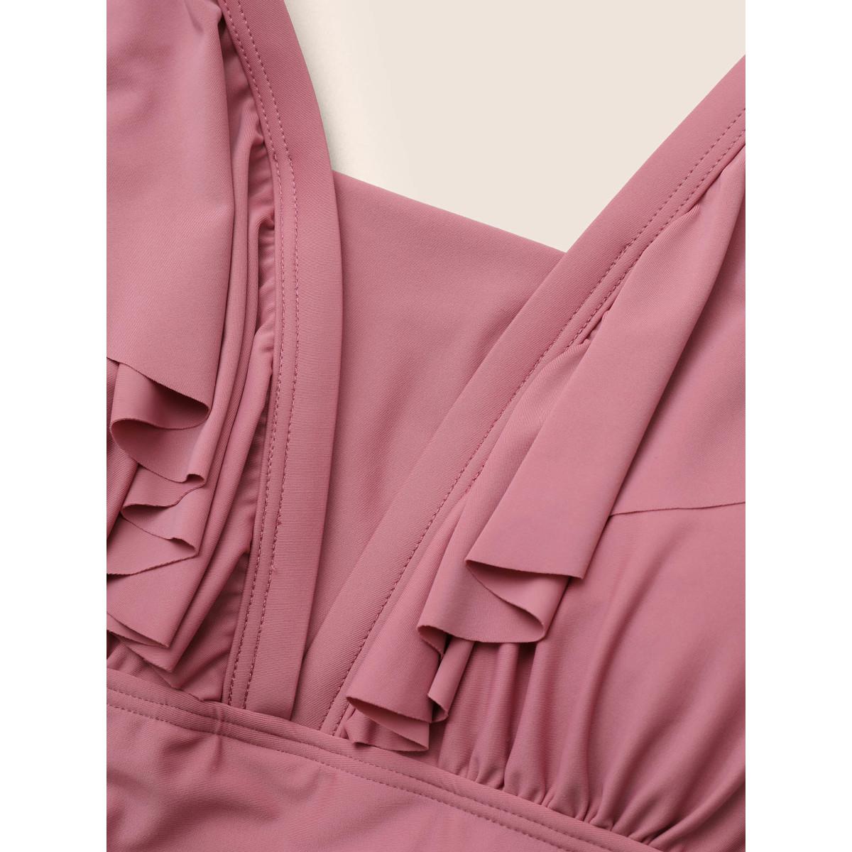 Plus Size Solid Flutter Trim A Line Swim Dress Women's Swimwear DustyPink Beach Bodycon Square Neck High stretch Curve Swim Dresses BloomChic 12/L Product Image