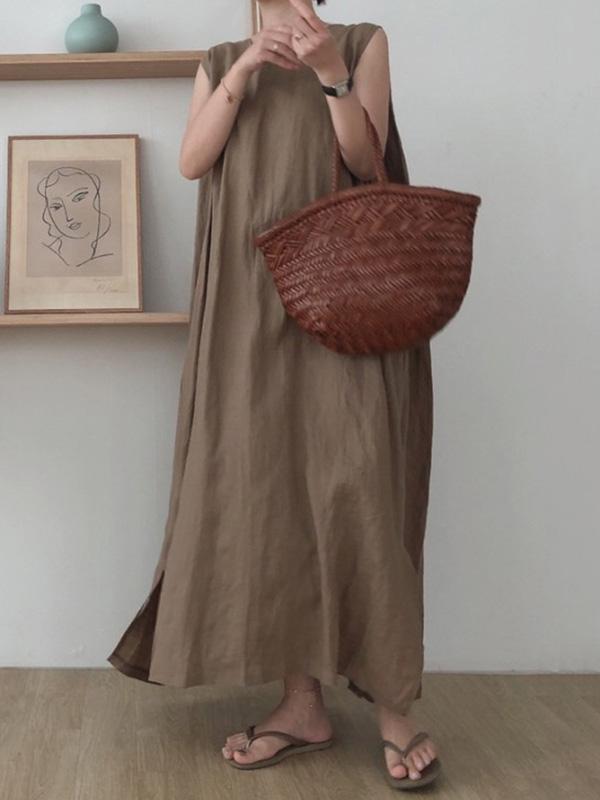 Casual Simple Solid Color Split-Side Round-Neck Sleeveless Midi Dress Product Image