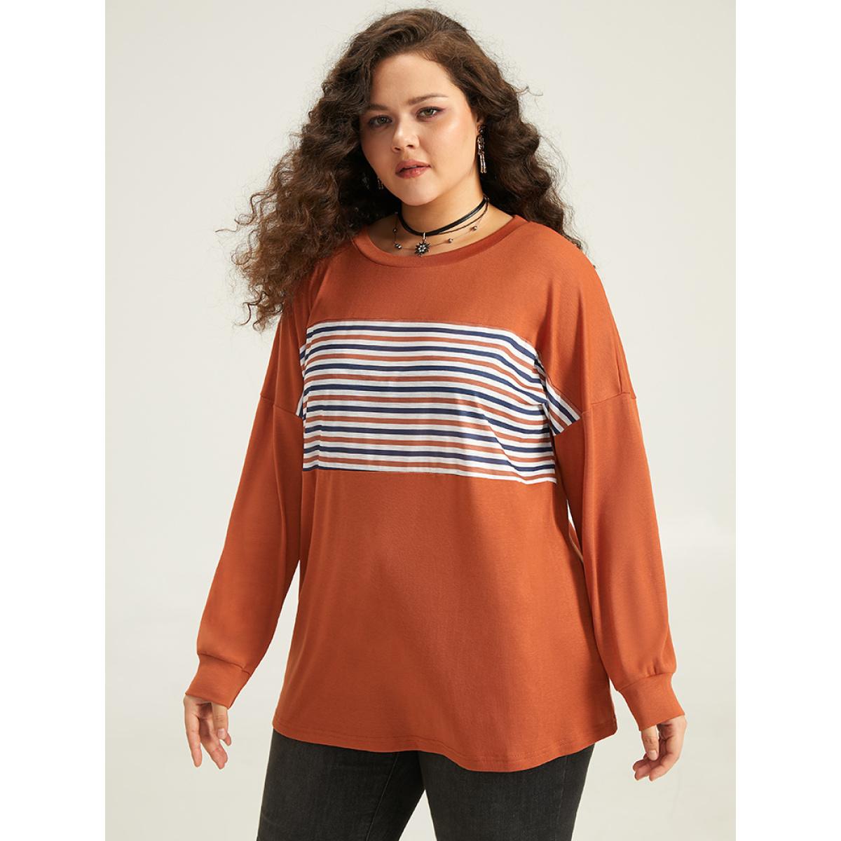 Plus Size Halloween Striped Patchwork Round Neck Drop Shoulder T-shirt Chocolate Women Casual Contrast Striped Round Neck Festival-Halloween T-shirts BloomChic 22-24/3X Product Image