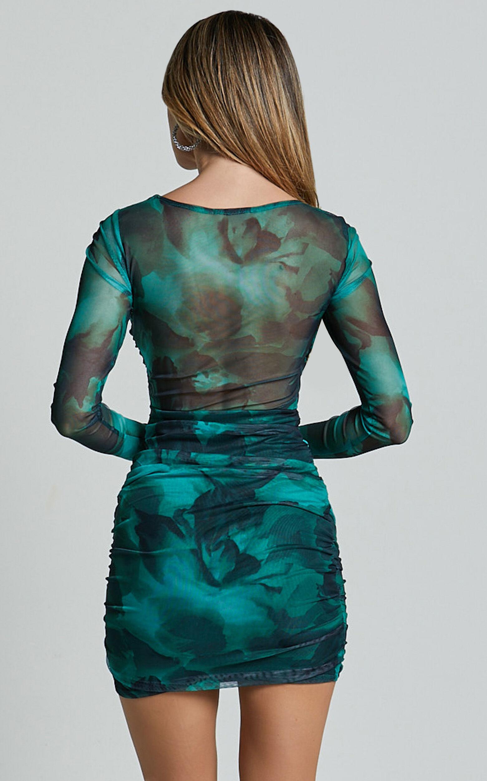 Zita Mini Dress - High Neck Long Sleeve Bodycon Mesh Dress in Green Floral Print Product Image