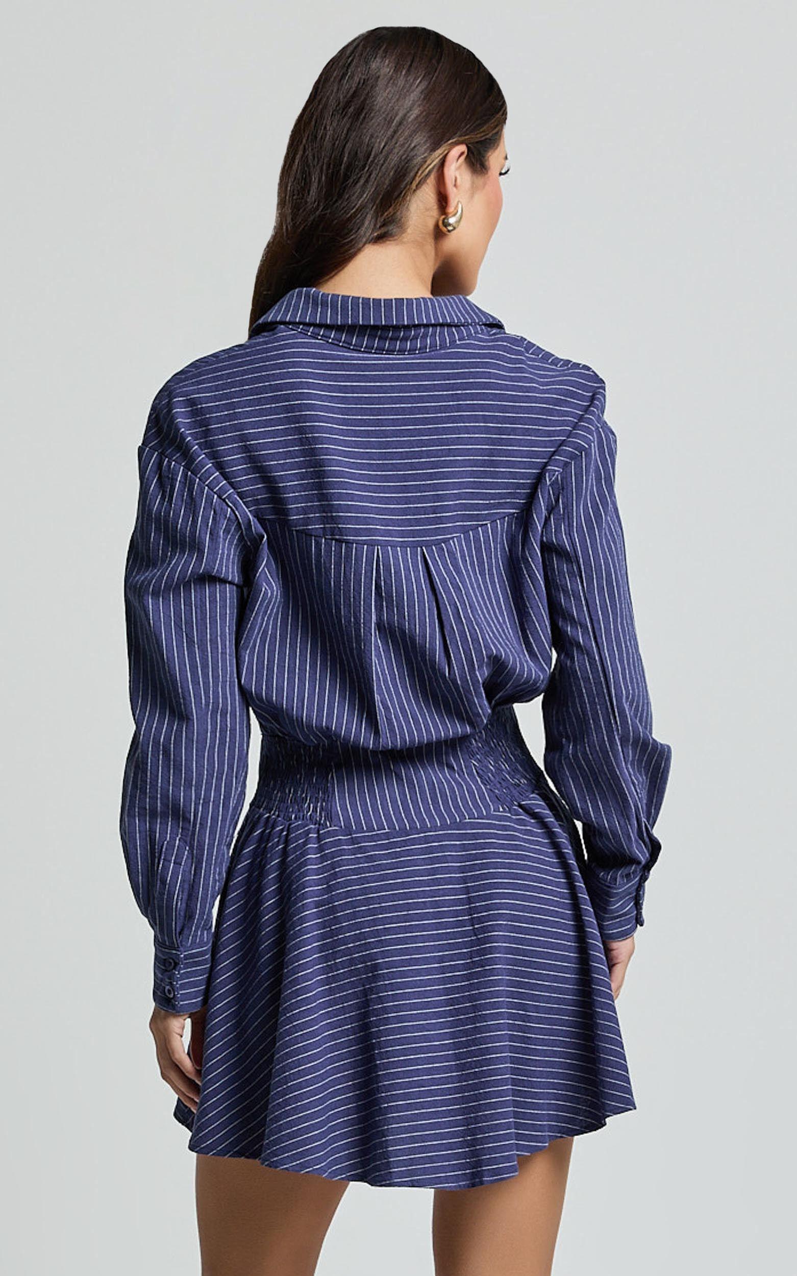 Whitney Mini Dress - Linen Long Sleeve Shirt Dress in Navy Product Image