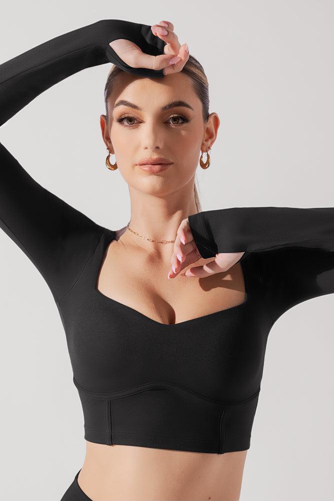 Sweetheart Long Sleeve Crop Top - Black Product Image