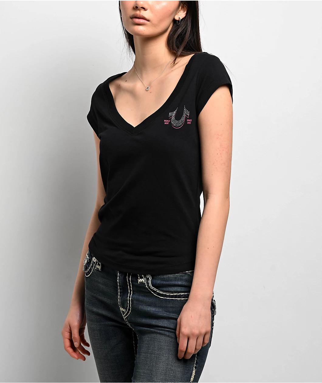 True Religion Crystal Low Plunge Black T-Shirt Product Image