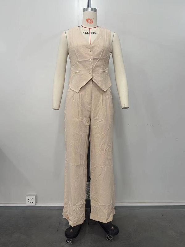 Loose Sleeveless Buttoned Solid Color V-Neck Vest Top + Split-Joint Pleated Pockets Pants Bottom Two Pieces Set Product Image