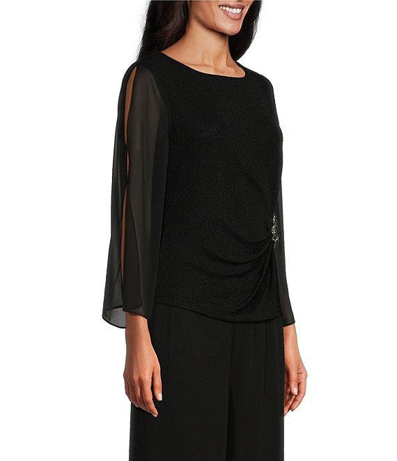 Alex Evenings Sheer 3/4 cold Shoulder Sleeve Crew Neck Metallic Knit Beaded Detail Blouse Product Image
