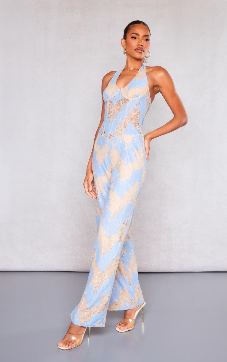 Blue Lace Underwired Corset Halter Jumpsuit Product Image