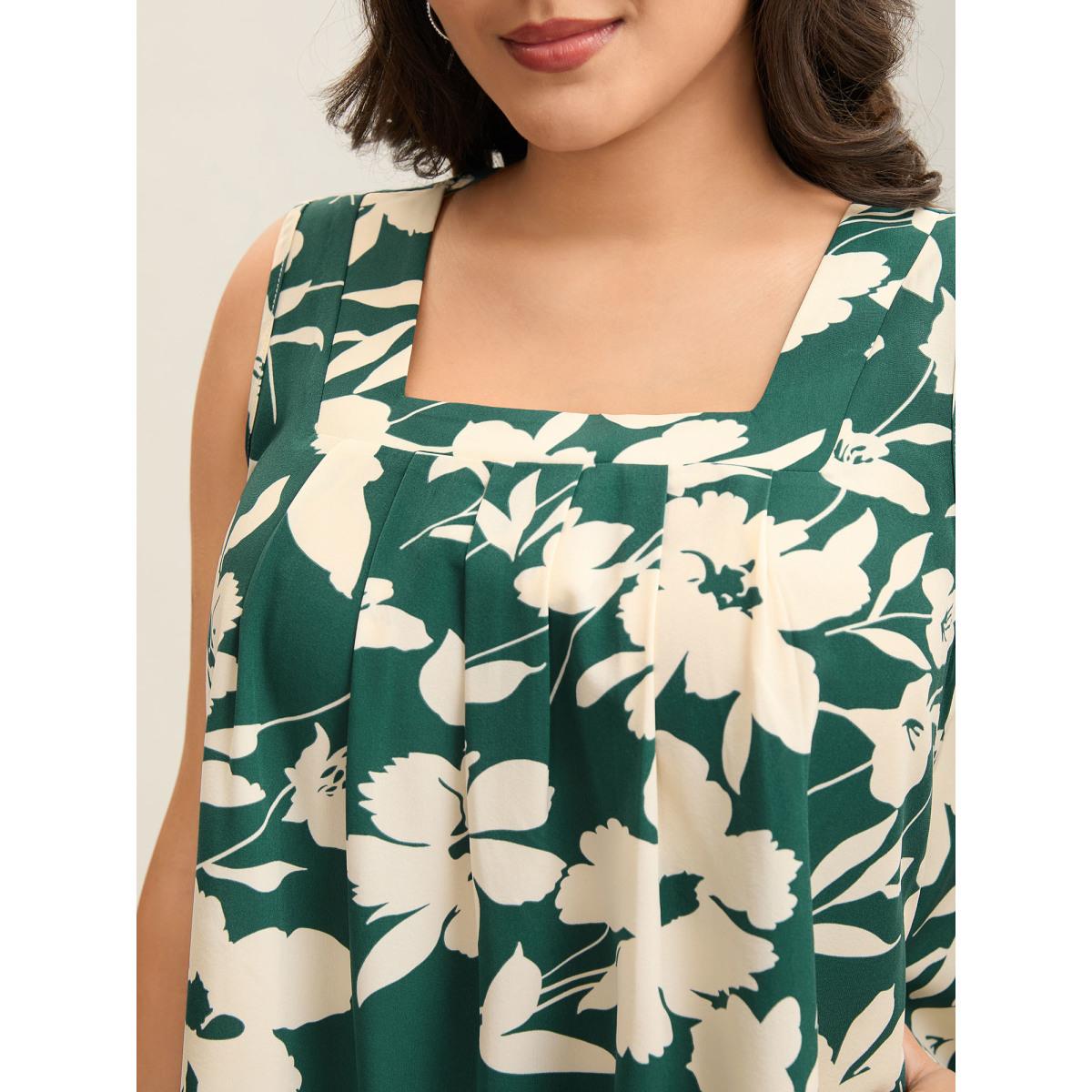 Plus Size Silhouette Flower Print Tank Top Women Teal Contrast Square Neck Everyday-Casual Tank Tops Camis BloomChic 26/4X Product Image