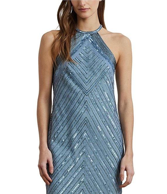 Lauren Ralph Lauren Beaded Mesh Chevron Halter Neck Sleeveless Sheath Dress Product Image