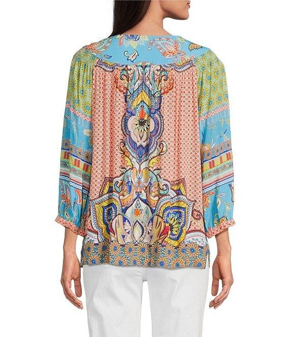 John Mark Petite Size Shirring Woven Printed Scoop Neck 3/4 Sleeve Top Product Image