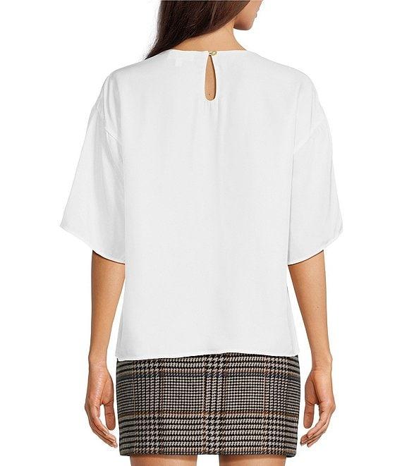 Le' AL.X Woven Crew Neck Dropped Short Sleeve Split Hem Blouse Product Image