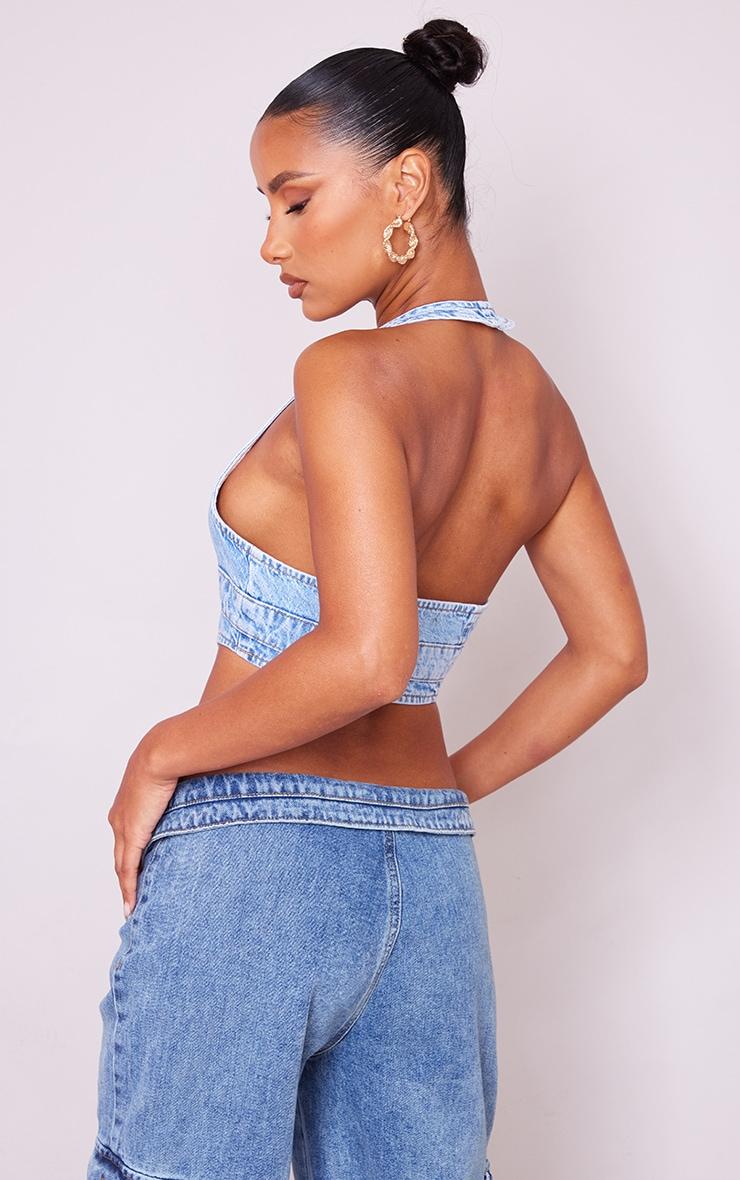 Light Blue Wash Buckle Front Denim Halterneck Top Product Image