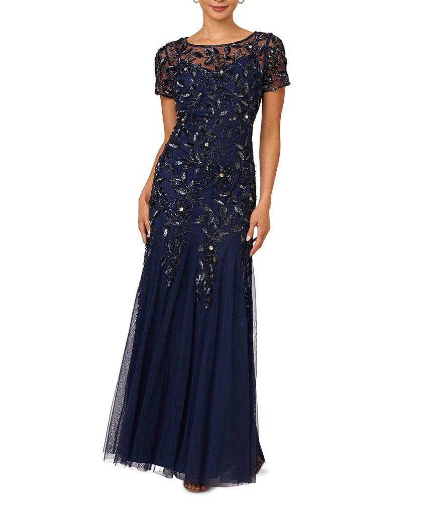 Adrianna Papell Round Neck Short Sleeve Floral Beaded Mesh Godet Fit and Flare Gown Product Image