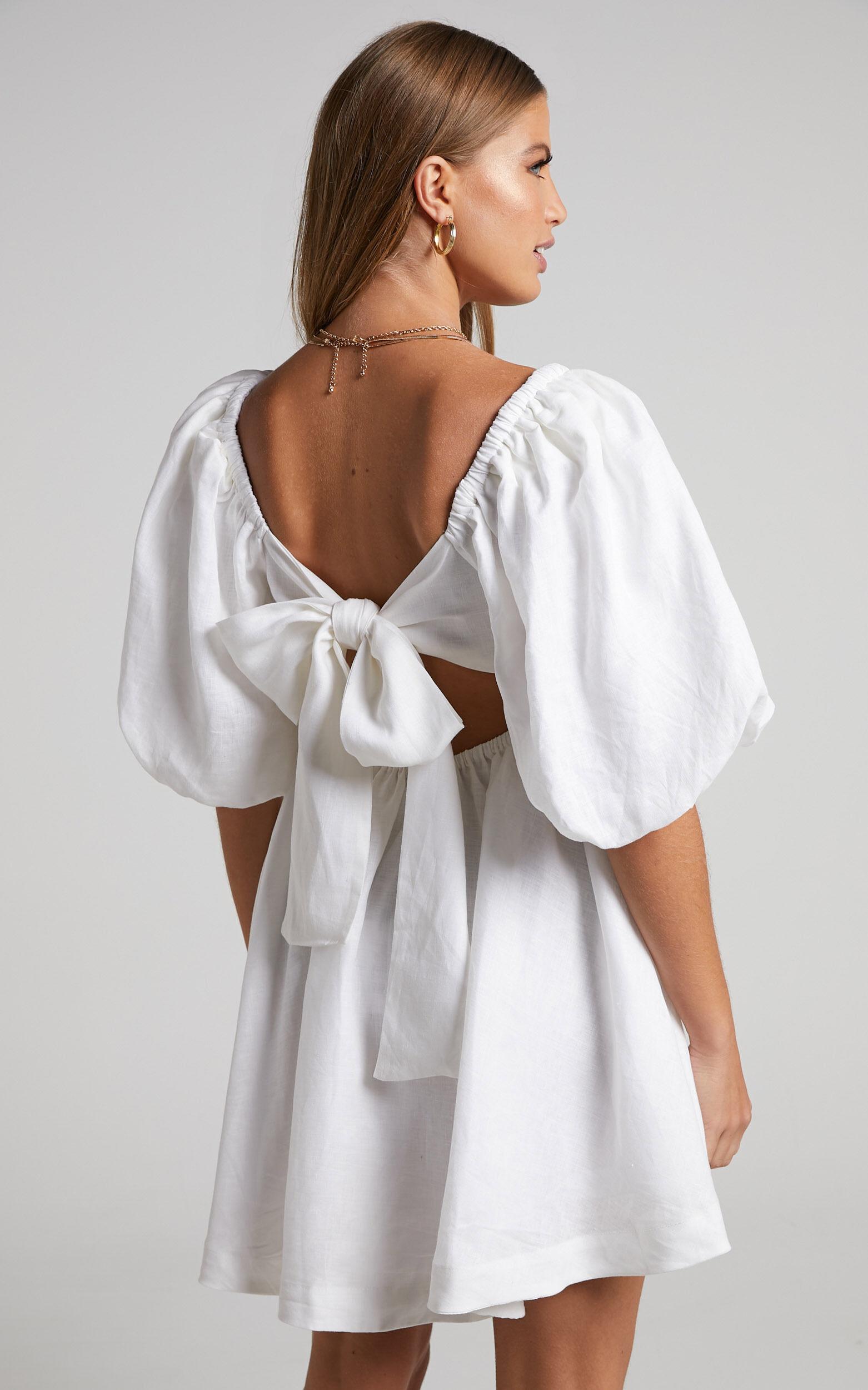 Amalie The Label - Hamyya Linen Tie Back Puff Sleeve Mini Linen Dress in White Product Image