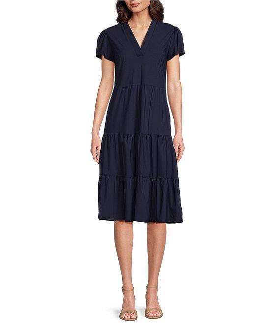 Jude Connally Libby Solid Jude Cloth Knit V-Neck Short Puffed Sleeve A-Line Tiered Midi Dress Product Image