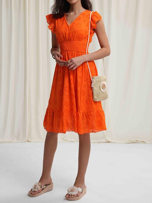 A-Line Loose Elasticity Hollow Pleated Solid Color V-Neck Mini Dresses Product Image