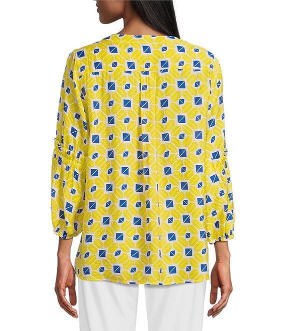 Multiples Geo Print Crinkle Woven Y-Neck 3/4 Bishop Sleeve Side Slit Top Product Image