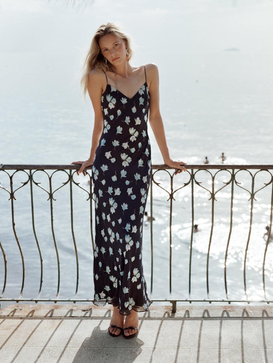 Navy Floral Rhinestone Midi Dress Product Image