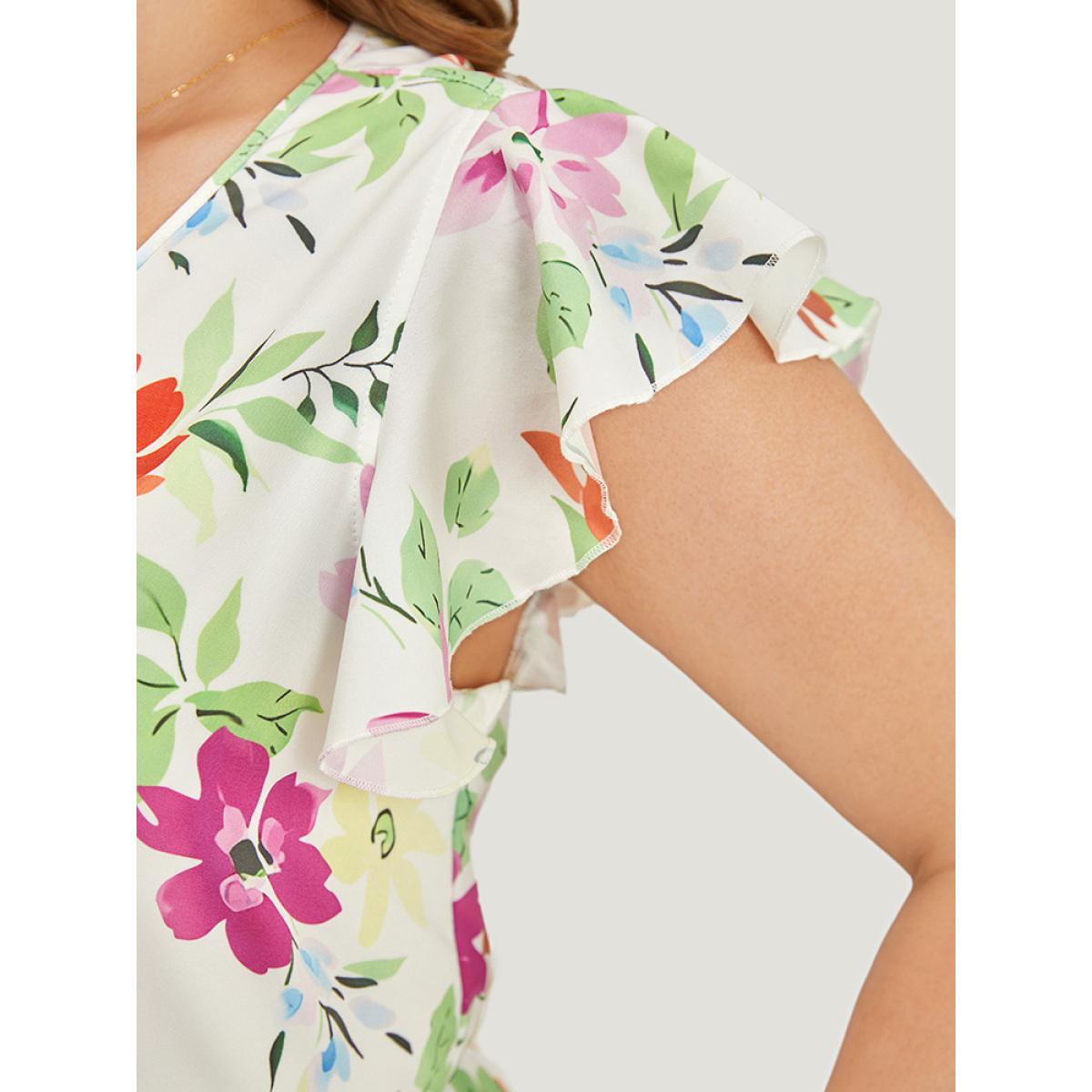 Plus Size Floral Knot Neck Pocket Cap Sleeve Ruffle Trim Dress Multicolor Women Elegant Knotted V-neck Cap Sleeve Curvy Midi Dress BloomChic 30/6X Product Image