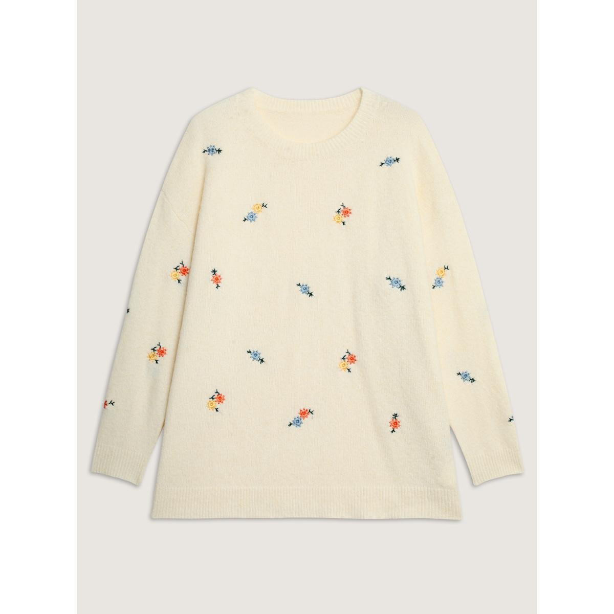 Plus Size Micro Floral Embroidery Ribbed Hem Pullover Ivory Women Leisure Loose Long Sleeve Round Neck Casual Pullovers BloomChic 12/L Product Image
