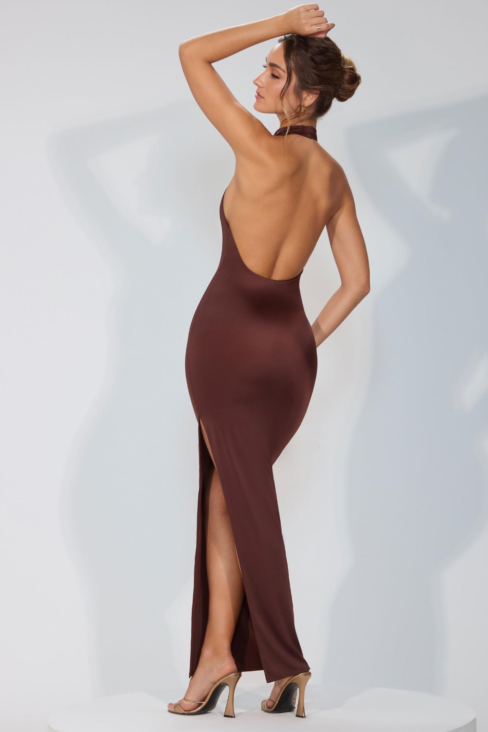 Premium Jersey Cowl Neck Backless Maxi Dress in Espresso Product Image