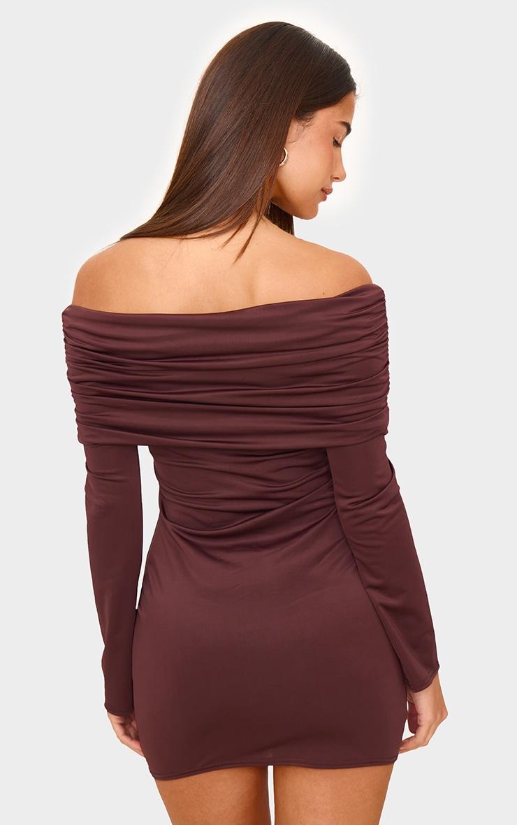 Chocolate Matte Sculpt Double Layer Foldover Bardot Long Sleeve Mini Dress Product Image