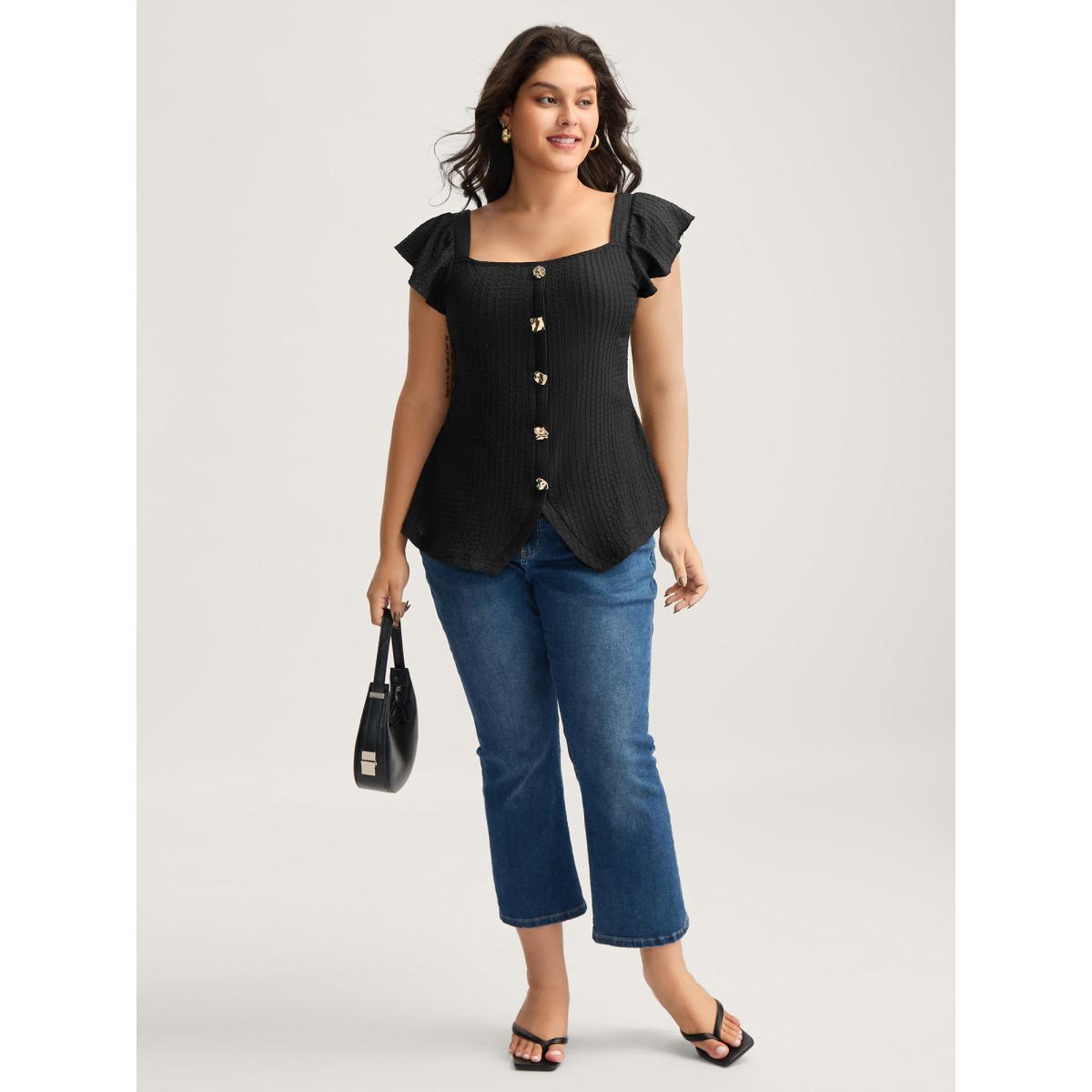Plus Size Black Textured Shape Button Flutter Sleeve Blouse Women Office Cap Sleeve Square Neck Office Blouses BloomChic 10/M Product Image