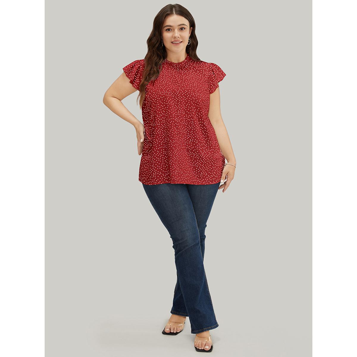 Plus Size Scarlet Polka Dot Shirred Mock Neck Cap Sleeve Blouse Women Elegant Cap Sleeve Mock Neck Everyday Blouses BloomChic 30/6X Product Image