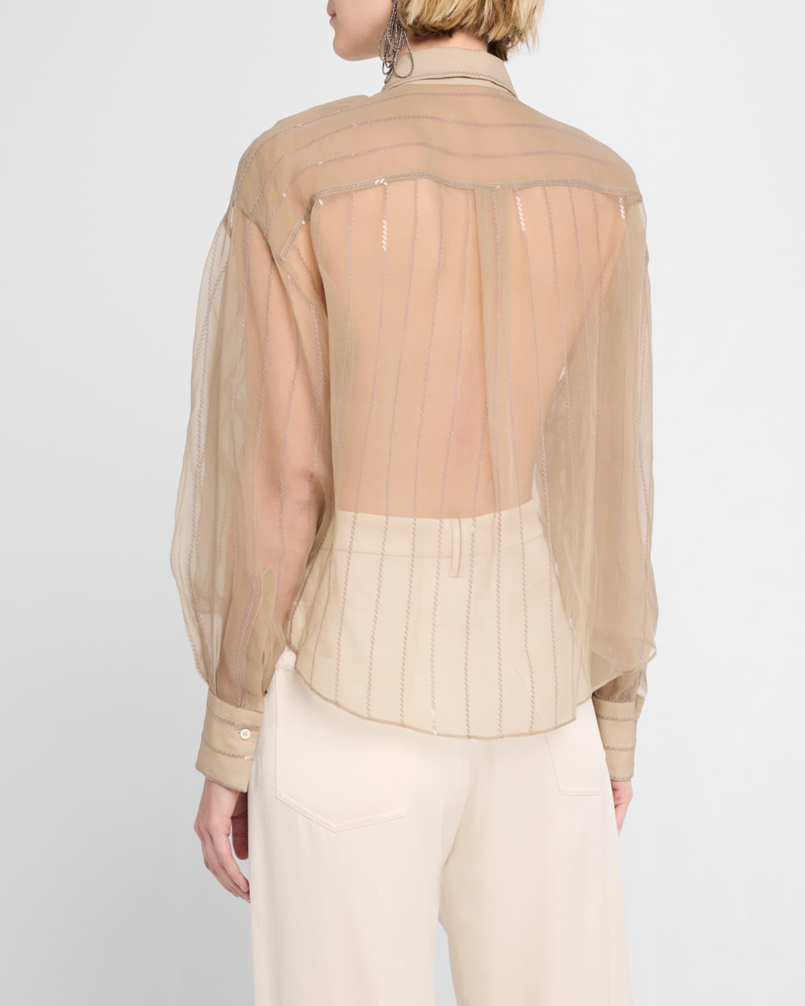 Striped Paillette Crispy Silk Chiffon Button-Down Blouse Product Image