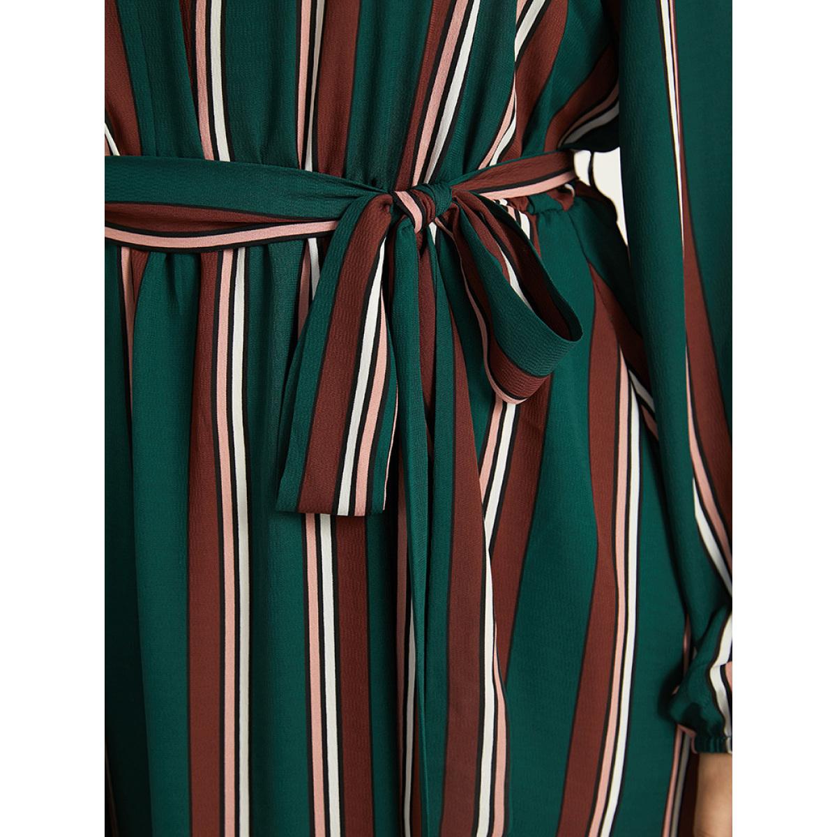 Plus Size Striped Contrast Crew Neck Belted Dress Multicolor Women Office Elastic cuffs Round Neck Long Sleeve Curvy Midi Dress BloomChic 22-24/3X Product Image